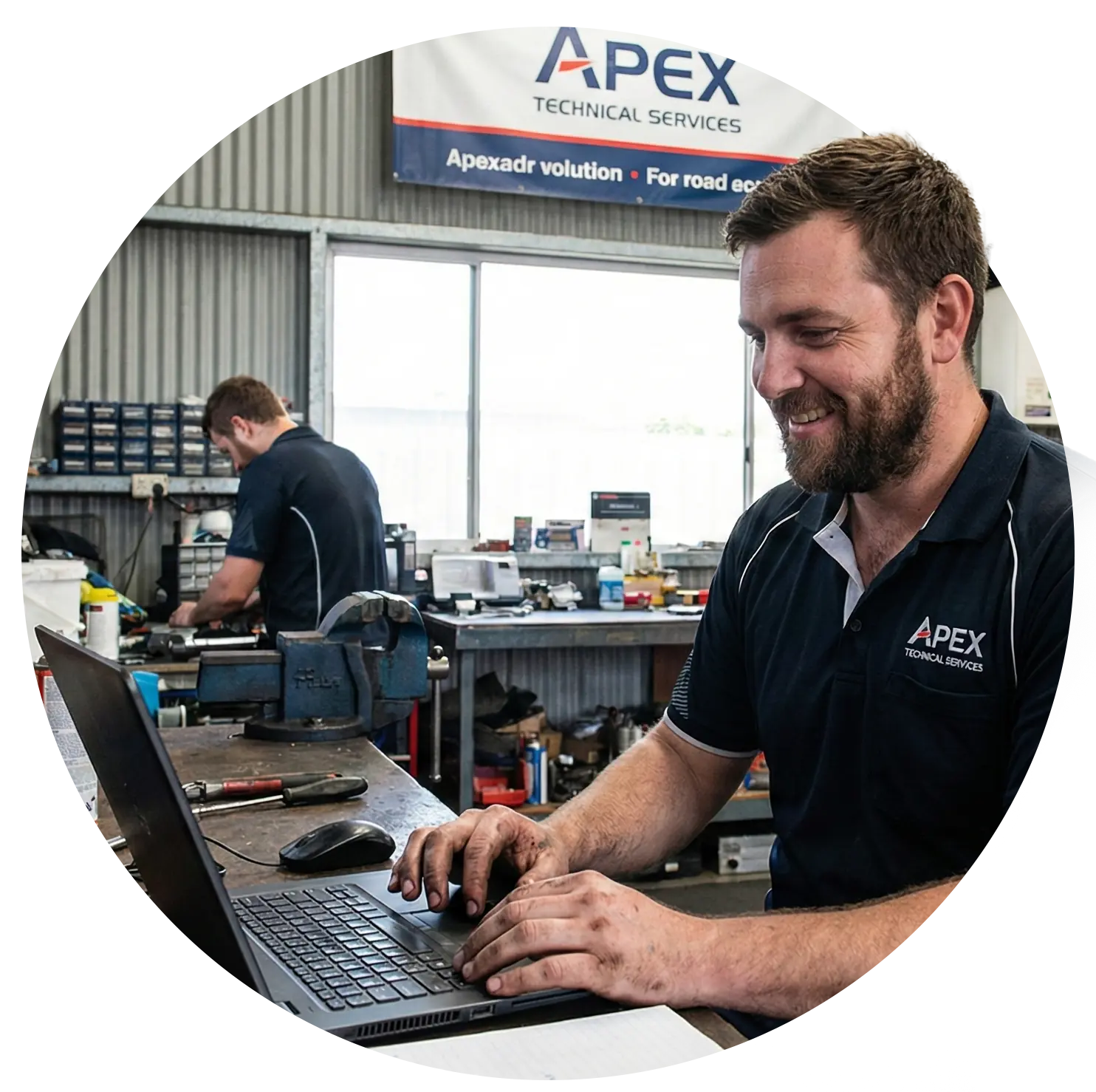 Service rep using computer