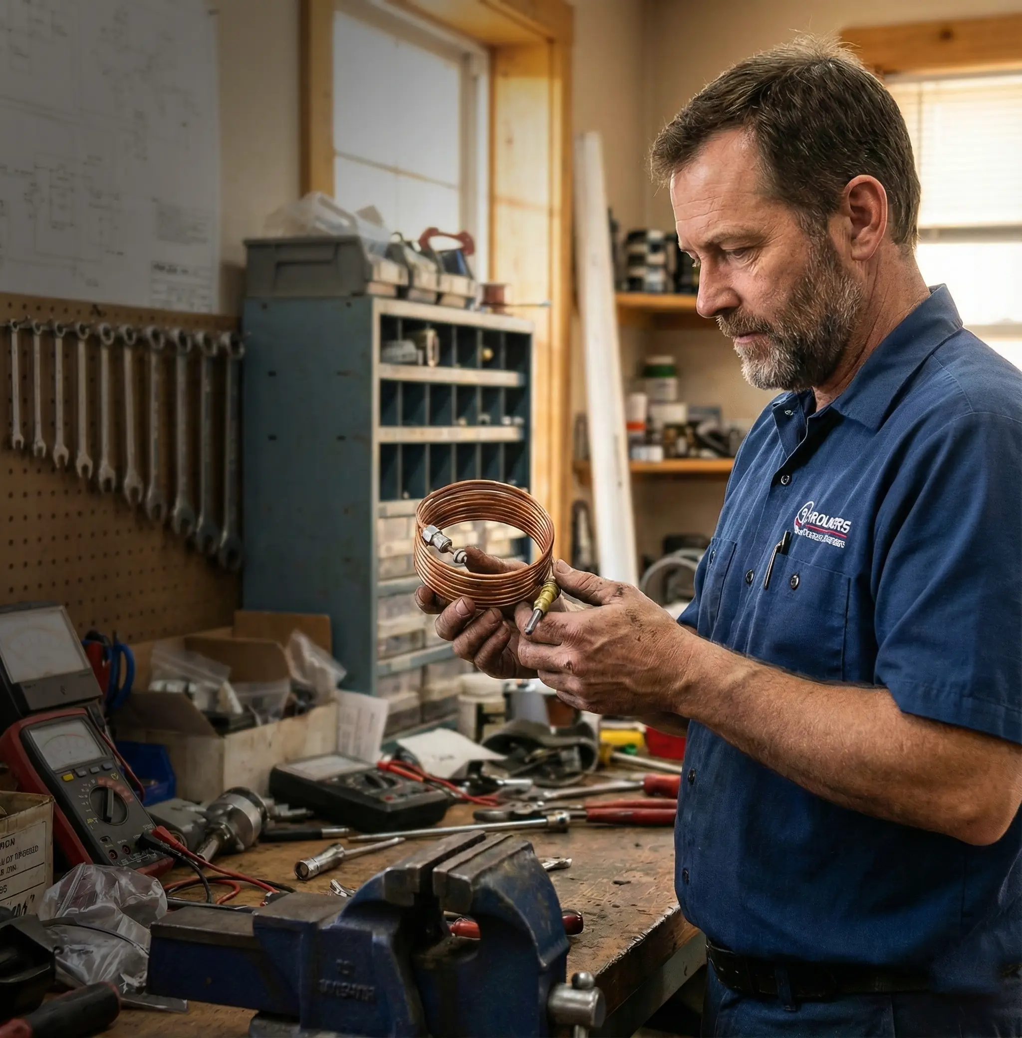 Service tech inspecting part