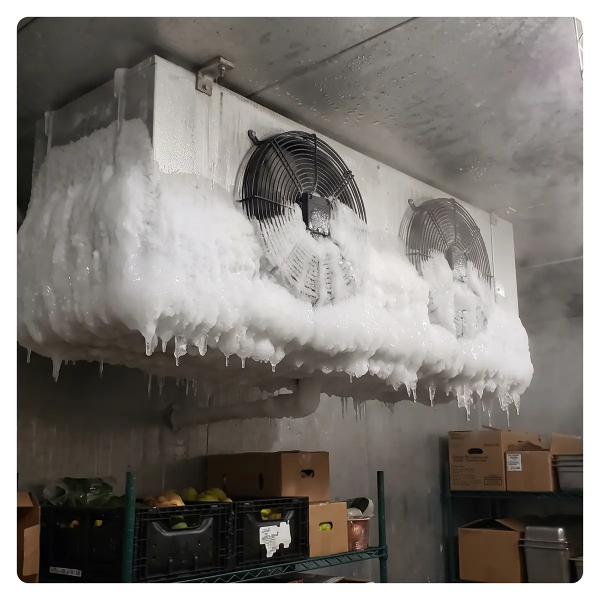 Frozen walk-in cooler or freezer evaporator coil Frozen walk-in cooler or freezer evaporator coil